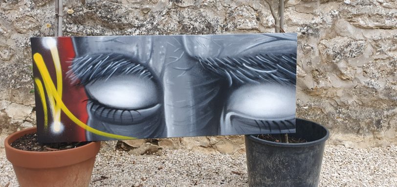 Toile d'un vieil homme dont on ne voit que les yeux avec un regard vide. Et le grisâtre de ses sourcils qui nous rappelle son âge.  